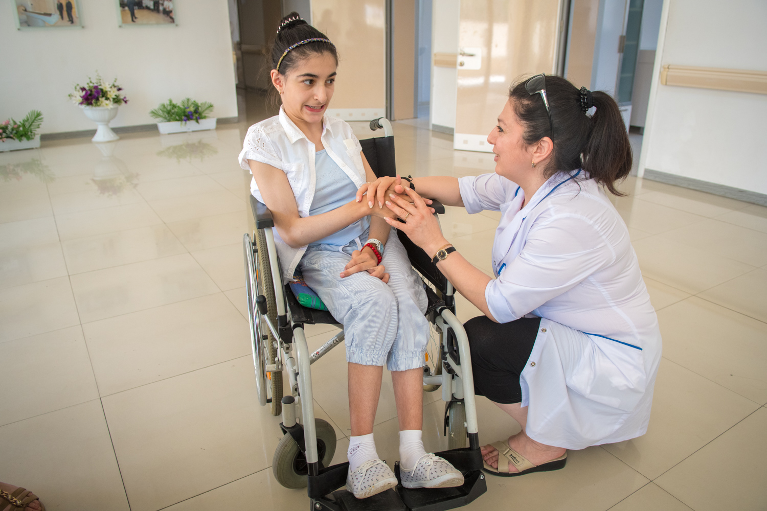This female adolescent is also a patience of the Baku rehabilitation center. She has a severe motor skills disorder. Again, the love she receives from the caregivers makes all the difference in the benefits of the treatment.