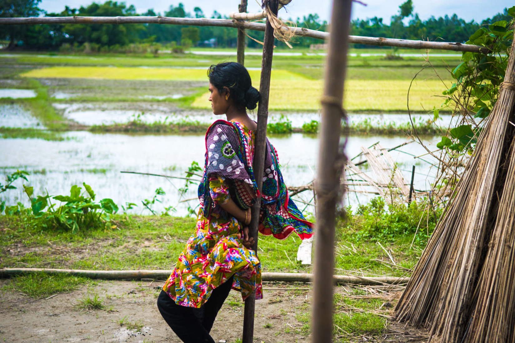 Shouhardo Polli, Gaibndha. In August 2017, south-Asian monsoon caused especially heavy rains. Bhokti Rani, age 18, was married to Jugol Roy couple of months back. Her house was inundated over 2 feet of water during the floods.